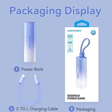 УМБ Vention 5000mAh 20W PD, USB-C In/Out, Lightning In/Out, with cable, Gradient Blue (FHWL0) [404522]