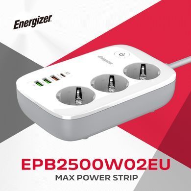 Мережевий фільтр Power filtr 2.0м Energizer 3 розетки, 3xUSB-А, USB-C 30W PD, App control, 2500W білий (EPB2500W02EU) [406422]