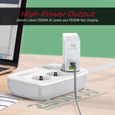 Мережевий фільтр Power filtr 2.0м Energizer 3 розетки, 3xUSB-А, USB-C 30W PD, App control, 2500W білий (EPB2500W02EU) [406422]