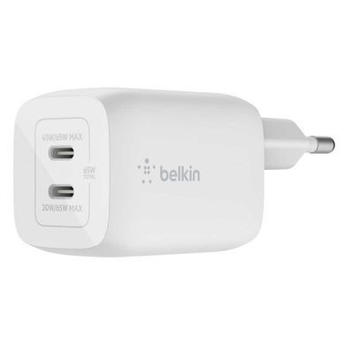 Зарядний пристрій мережевий Belkin 65Вт 2хUSB-С GAN PD PPS, білий (WCH013VFWH) [112181]