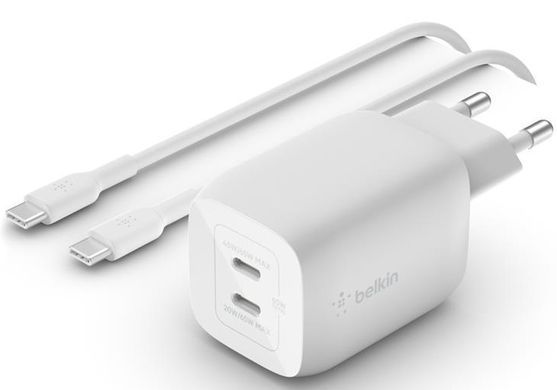 Зарядний пристрій мережевий Belkin 65Вт 2хUSB-С GAN PD PPS, кабель USB-С > USB-C, 2м, білий (WCH013VF2MWH-B6) [108649]