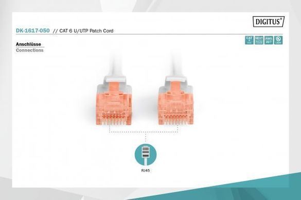 Патч-корд CAT 6 U-UTP, Cu, LSZH AWG 26/7, довжина 5 м, колір сірий, DIGITUS by ASSMANN (DK-1617-050) [501751]