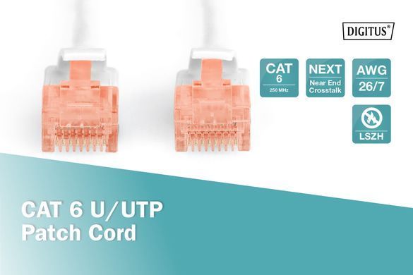 Патч-корд DIGITUS CAT 6 UTP, 1м, AWG 26/7, Cu, LSZH, білий (DK-1617-010/WH) [109819]