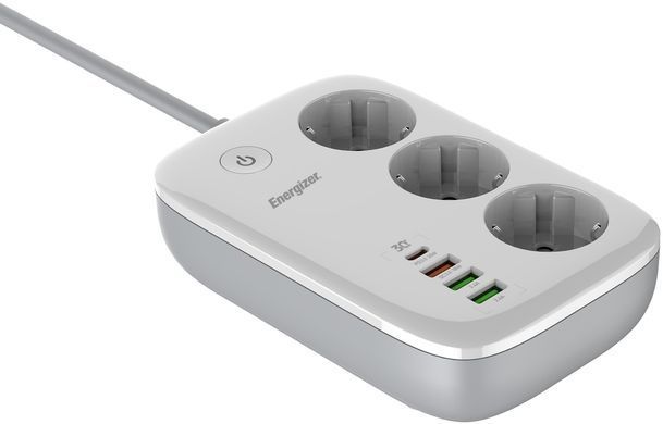 Мережевий фільтр Power filtr 2.0м Energizer 3 розетки, 3xUSB-А, USB-C 30W PD, App control, 2500W білий (EPB2500W02EU) [406422]
