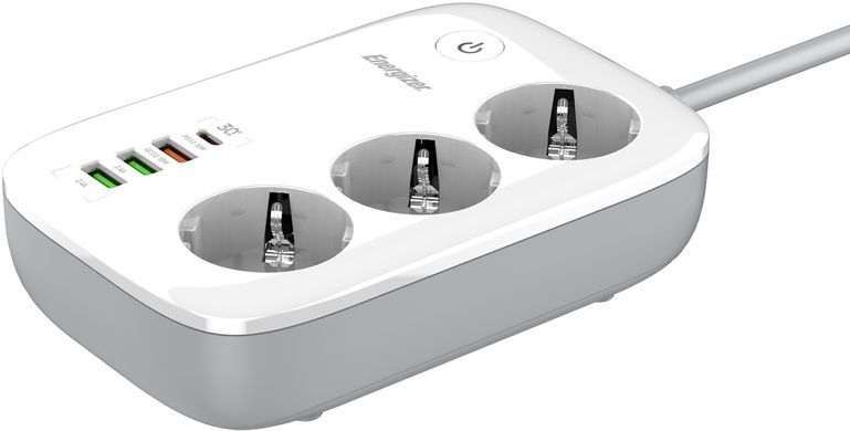 Мережевий фільтр Power filtr 2.0м Energizer 3 розетки, 3xUSB-А, USB-C 30W PD, App control, 2500W білий (EPB2500W02EU) [406422]