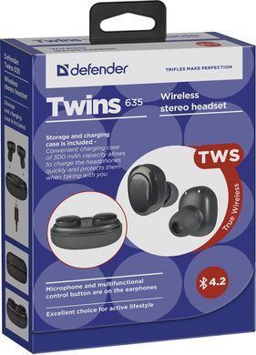 Гарнітура Defender Twins 635 TWS, Bluetooth, Black (63635) [401799]