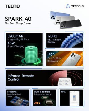 Смартфон TECNO Spark 40 (KM5n) 6.67" 8/256ГБ, 2SIM, 5200мА&bull;год, Mirage Blue (4894947091582) [111485]