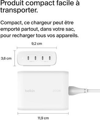 Зарядний пристрій мережевий Belkin 200Вт 4хUSB-С GAN PD PPS, білий (WCH015VFWH) [108398]