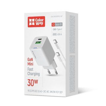 Мережевий зарядний пристрій ColorWay GaN Mini 30W PD Port PPS USB (Type-C PD + USB QC4.0) White + кабель USB Type-C (CW-CHS053PDC-WT) [603369]