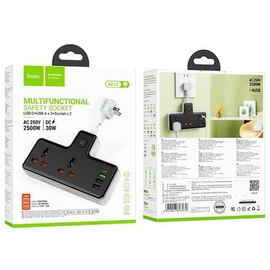Мережевий подовжувач HOCO AC12 Reise 2-position expansion socket(PD30W/1C3A) Black (6942007607070) [802773]
