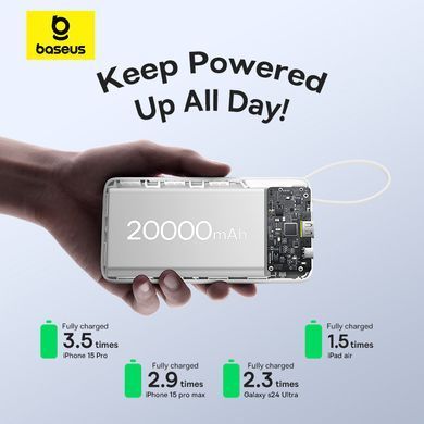 Зовнішній акумулятор Baseus Bipow 2 Digital Display Power Bank With Built-in USB-C Cable 20000mah 20W Moon White (P10077101213-01) [806527]