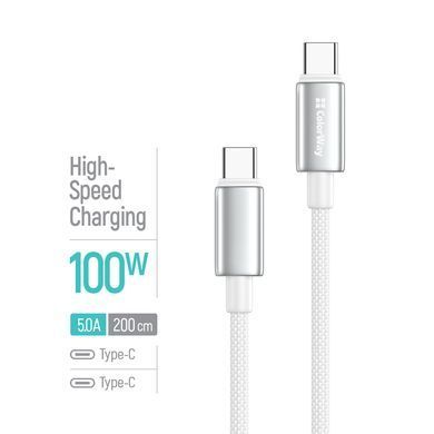 Кабель ColorWay USB Type-C - USB Type-C (M/M), zinc alloy braided, 5А, 2 м, White (CW-CBPDCC099-WT) [619965]