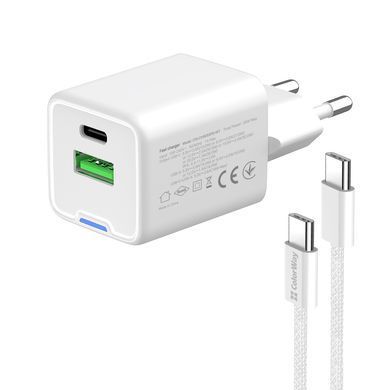 Мережевий зарядний пристрій ColorWay GaN Mini 30W PD Port PPS USB (Type-C PD + USB QC4.0) White + кабель USB Type-C (CW-CHS053PDC-WT) [603369]