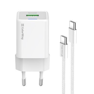 Мережевий зарядний пристрій ColorWay GaN Mini 30W PD Port PPS USB (Type-C PD + USB QC4.0) White + кабель USB Type-C (CW-CHS053PDC-WT) [603369]
