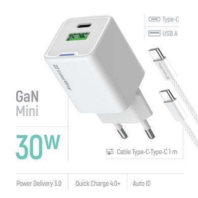 Мережевий зарядний пристрій ColorWay GaN Mini 30W PD Port PPS USB (Type-C PD + USB QC4.0) White + кабель USB Type-C (CW-CHS053PDC-WT) [603369]
