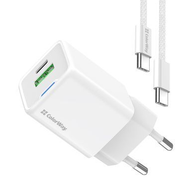 Мережевий зарядний пристрій ColorWay GaN Mini 30W PD Port PPS USB (Type-C PD + USB QC4.0) White + кабель USB Type-C (CW-CHS053PDC-WT) [603369]