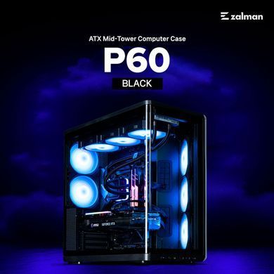 Корпус Zalman P60 без БЖ, 2xUSB3.0, 1x Type C, 3x120мм ARGB Reverse, 2x120мм ARGB, VGA 435мм, LCS ready, Curved Tempered Glass, Dual Chamber, ATX, чорний (P60BLACK) [112539]