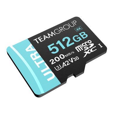 Карта пам`ятi MicroSDXC 512GB UHS-I/U3 Class 10 Team Ultra R200/W170MB/s + SD-адаптер (TULMSDX512GIA2V3022503) [607011]