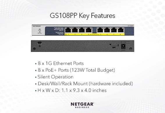 NETGEAR Комутатор GS108PP 8xGE PoE+ (123Вт), FlexPoE, некерований (GS108PP-100EUS)