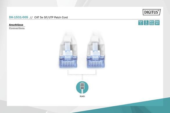 Патч-корд CAT 5e SF-UTP, Cu, PVC AWG 26/7, довжина 0,5 м, колір сірий DIGITUS by ASSMANN (DK-1531-005) [502732]