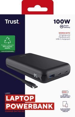 Акумулятор портативний літій-іонний power bank Trust Laro, 20000 мА&middot;год, USB-A/2хUSB-C, 100w, чорний (25240_TRUST) [108440]