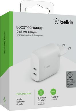 Зарядний пристрій мережевий Belkin 40Вт 2хUSB-С PD, білий (WCB006VFWH) [108651]