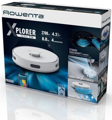 Робот-пилосос Rowenta X-Plorer Serie 75 S, h=9.5см, вологе прибирання, конт пил -0.4л, вода -0.3л, автон. робота до 120хв, НЕРА, управління через смартфон, білий (RR8577WH) [102336]