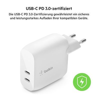Зарядний пристрій мережевий Belkin 40Вт 2хUSB-С PD, білий (WCB006VFWH) [108651]