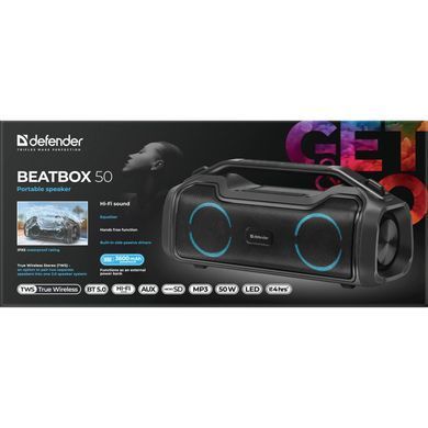 Акустична система 1.0 Defender Beatbox 50, 50W, Bluetooth/RGB/TF/TypeC/IPX5/PWB чорна (65950) [405269]
