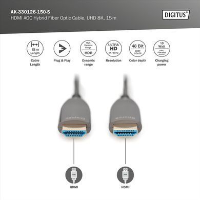 Кабель DIGITUS HDMI UHD 8K, AOC hybrid-fiber, type A M/M, 15м, чорний (AK-330126-150-S) [113780]