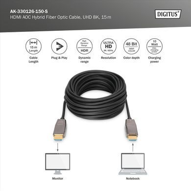 Кабель DIGITUS HDMI UHD 8K, AOC hybrid-fiber, type A M/M, 15м, чорний (AK-330126-150-S) [113780]