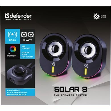 Акустична система 2.0 Defender Solar 8, 10Вт, Bluetooth, RGB підсвітка, USB, чорна (65938) [405266]