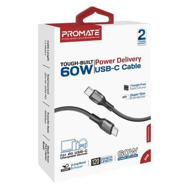 Кабель Promate USB Type-C - USB Type-C (M/M), 3A, 60W, 2 м, Black (ecoline-cc200.black) [604375]