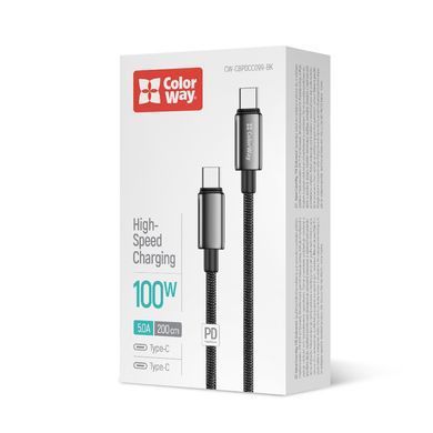 Кабель ColorWay USB Type-C - USB Type-C (M/M), zinc alloy braided, 5А, 2 м, Black (CW-CBPDCC099-BK) [619966]