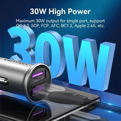 Автозарядка 2USB-A 30W QC3.0 Gray Mini Style Aluminium Alloy Type Vention (FFEH0) [402160]
