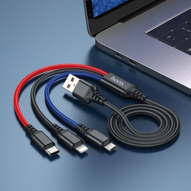 Кабель HOCO X76 USB to iP+Type-C+Micro 2A, 1m, nylon, aluminum connectors Black+Red+Blue (6931474768636) [803601]