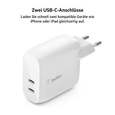 Зарядний пристрій мережевий Belkin 40Вт 2хUSB-С PD, білий (WCB006VFWH) [108651]