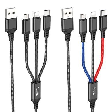 Кабель HOCO X76 USB to iP+Type-C+Micro 2A, 1m, nylon, aluminum connectors Black+Red+Blue (6931474768636) [803601]