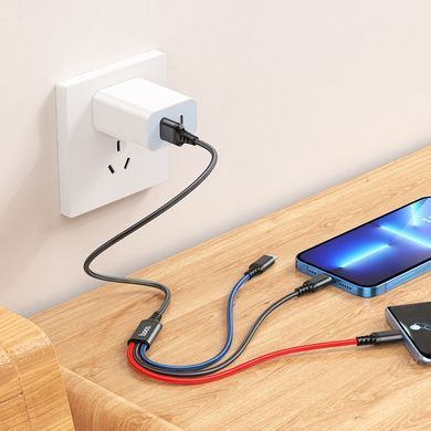 Кабель HOCO X76 USB to iP+Type-C+Micro 2A, 1m, nylon, aluminum connectors Black+Red+Blue (6931474768636) [803601]