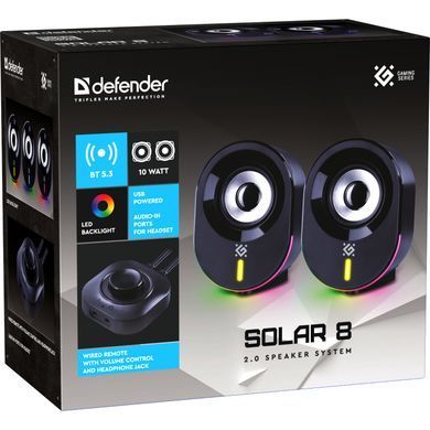 Акустична система 2.0 Defender Solar 8, 10Вт, Bluetooth, RGB підсвітка, USB, чорна (65938) [405266]