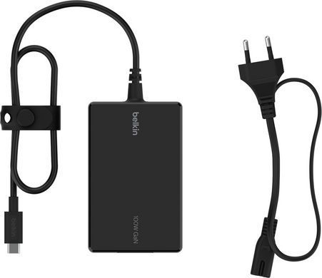 Зарядний пристрій мережевий Belkin 100Вт USB-С GAN PD PPS, кабель USB-C 2м, чорний OEM (INC016VFBK) [108399]
