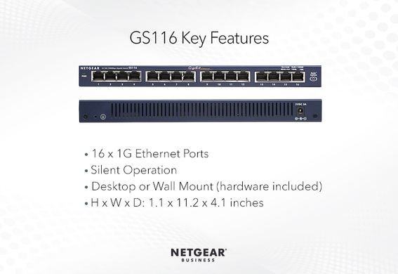 NETGEAR Комутатор GS116GE 16xGE, некерований (GS116GE)