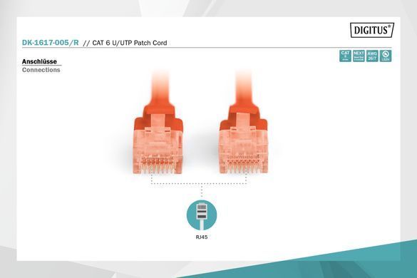 Патч-корд DIGITUS CAT 6 UTP, 0.5м, AWG 26/7, Cu, LSZH, червоний (DK-1617-005/R) [109826]