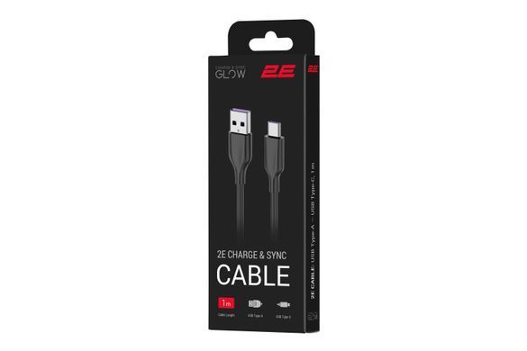 Кабель USB-A > USB-C заряджання/синхронізації 2E 1м, Type-C, Glow, чорний (2E-CCAC-BL) [111733]