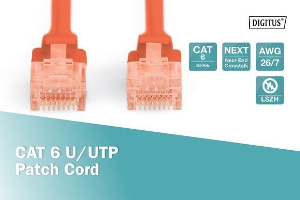 Патч-корд DIGITUS CAT 6 UTP, 0.5м, AWG 26/7, Cu, LSZH, червоний (DK-1617-005/R) [109826]