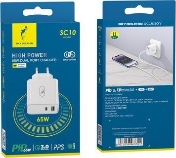Мережевий зарядний пристрій SkyDolphin SC10 High Power PD 65W+QC3.0 White (SDMZP-000188) [603310]