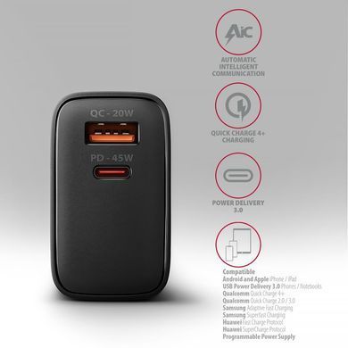 Мережевий зарядний пристрій AXAGON, QC3.0,4.0/AFC/FCP/PPS/Apple + PD type-C, 45W, Чорний (ACU-PQ45) [502998]