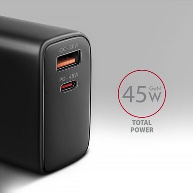 Мережевий зарядний пристрій AXAGON, QC3.0,4.0/AFC/FCP/PPS/Apple + PD type-C, 45W, Чорний (ACU-PQ45) [502998]