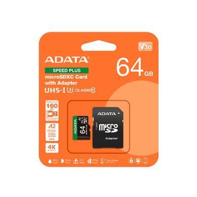 Карта пам'яті microSDXC (UHS-1 U3) A-DATA SPEED PLUS 64Gb Class 10 V30 A2 (R-160Mb/s W140Mb/s) (adapter SD) (UD64GUI3V30A2SP-RA1) [806443]