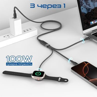 Кабель Promate USB Type-C - 2хUSB Type-C 100W Apple Watch Charger 5W (M/M), 5A, 1.4 м, Black (fusion-ccw.black) [604427]